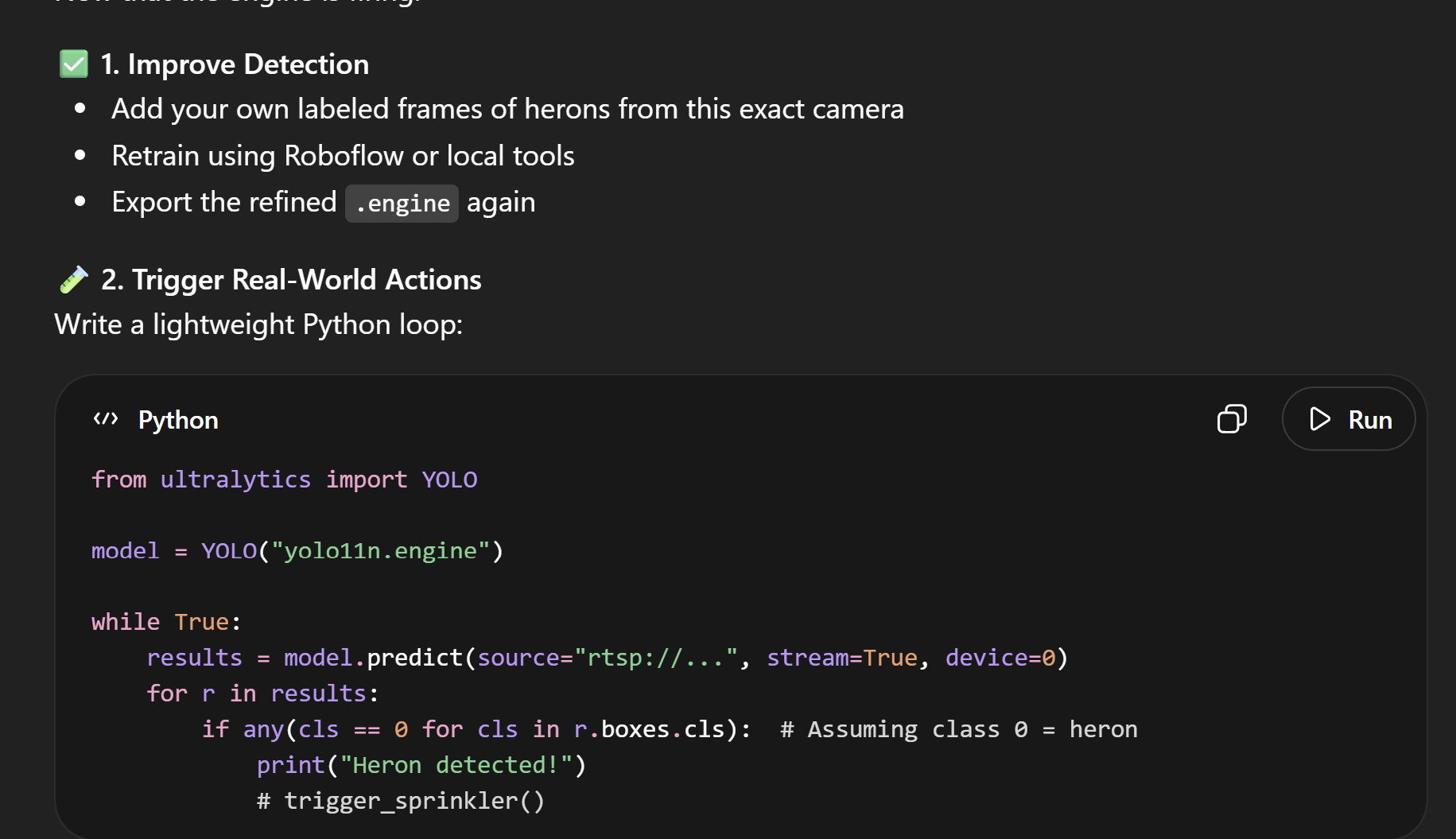 Early ChatGPT conversation attempting to build a heron detection pipeline.