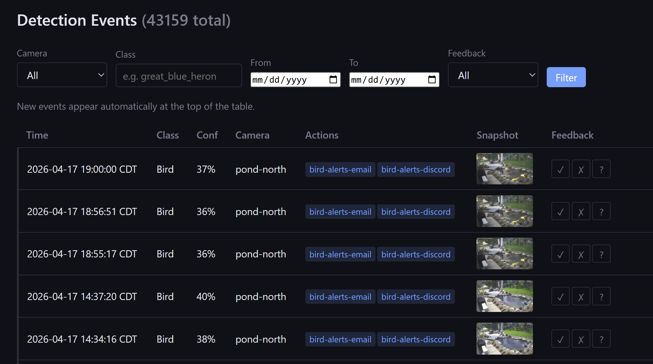 ScarGuard detection event log showing YOLO inference results from pond camera.