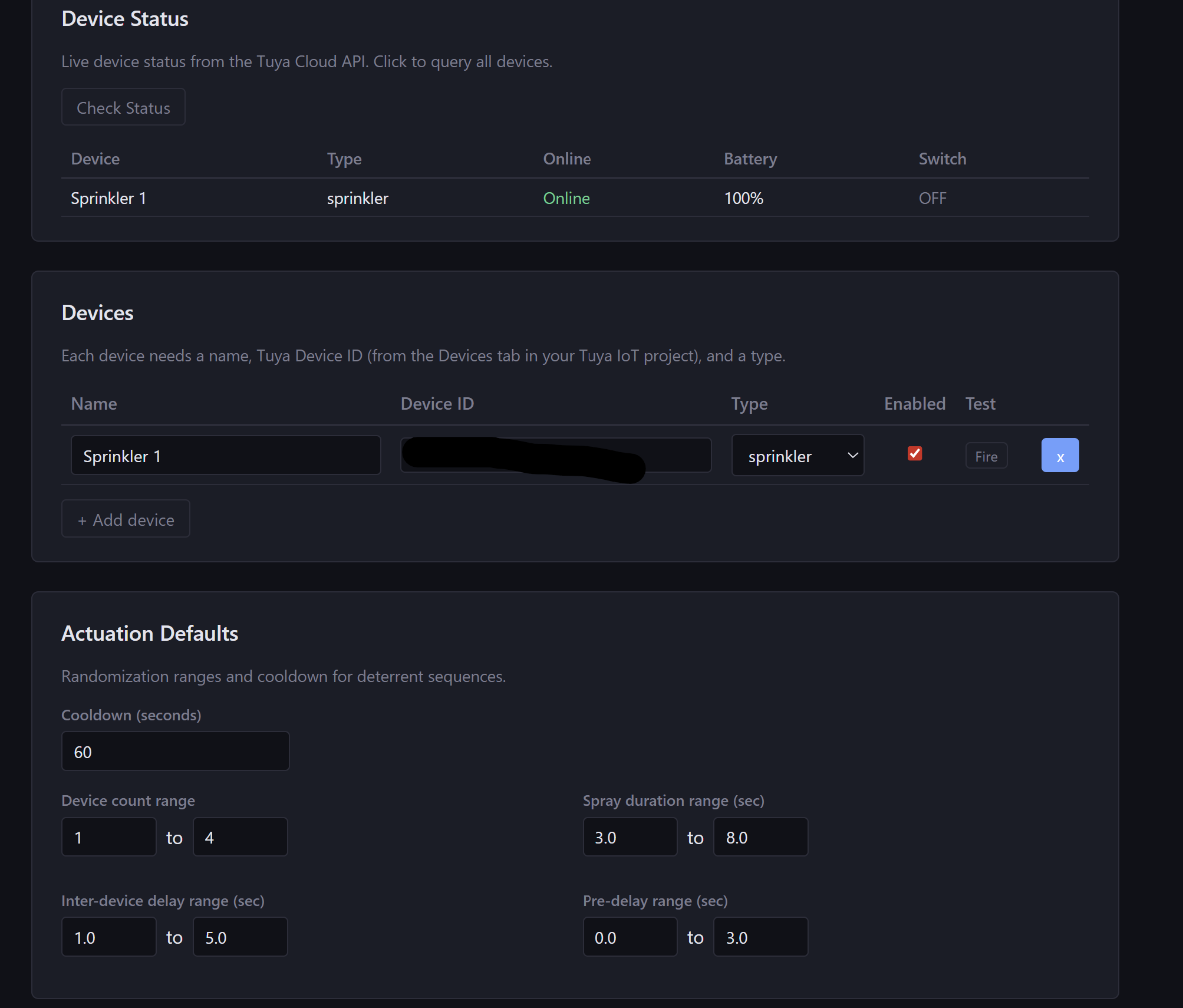 ScarGuard web UI showing deterrent control panel.