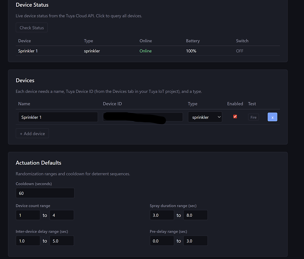 ScarGuard web UI showing deterrent control panel.