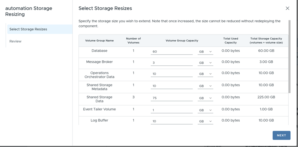 Storage resize UI